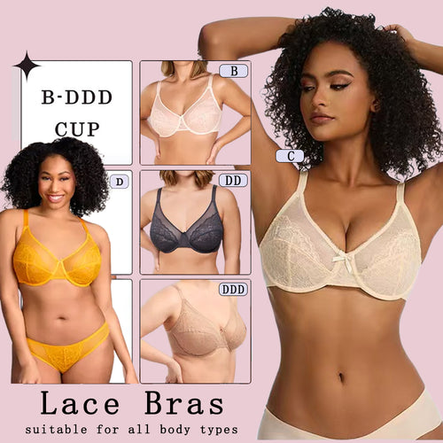 🏆 Enchante Floral Lace Unlined Comfort Non-padded Full Coverage Plus Size Underwire Bra Adjustable Straps The Adapter Cup Anti-Cookie-Cutter Bra