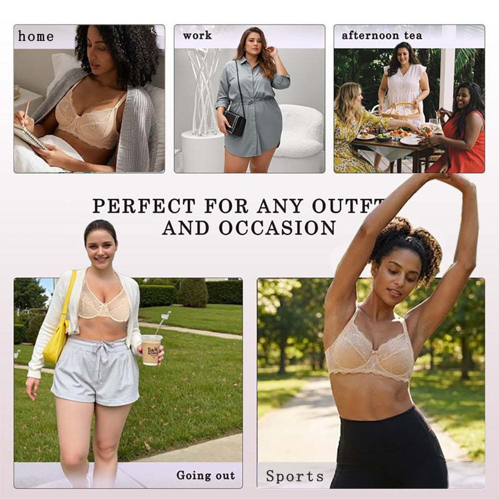 🏆 Enchante Floral Lace Unlined Comfort Non-padded Full Coverage Plus Size Underwire Bra Adjustable Straps The Adapter Cup Anti-Cookie-Cutter Bra